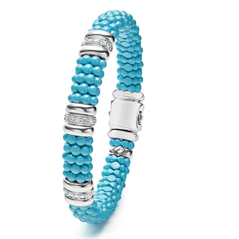Blue Caviar  Blue Three Station Ceramic Diamond Bracelet from Lagos | 9mm Sz7